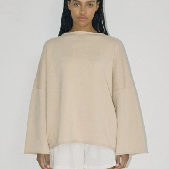 Bohème Goods Rolled Hem Knit Sweater Cream Neutral Size L Minimalist Cozy - Picture 1 of 5